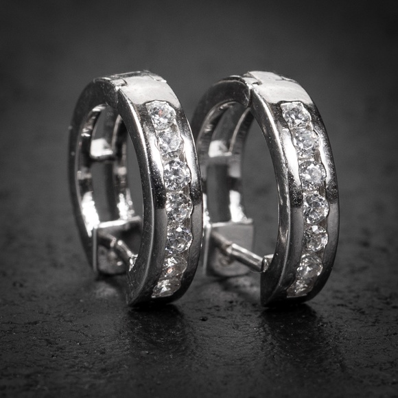 Silver Iced One Row Mens Small Hoop Earrings - Picture 2 of 5